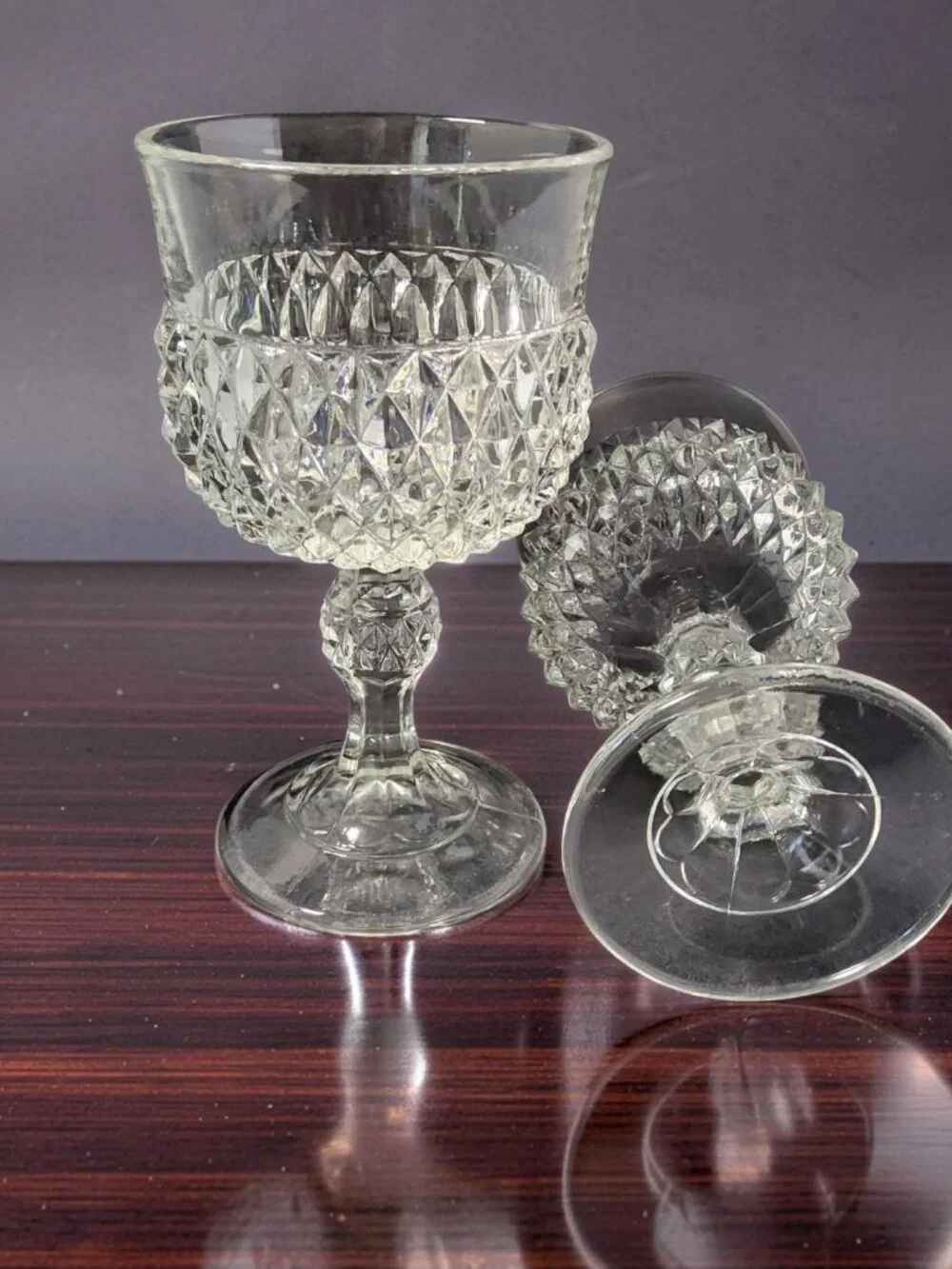 Vintage Set of 2 1960's Indiana Glass Diamond Point Clear Pedestal Wine Goblet.